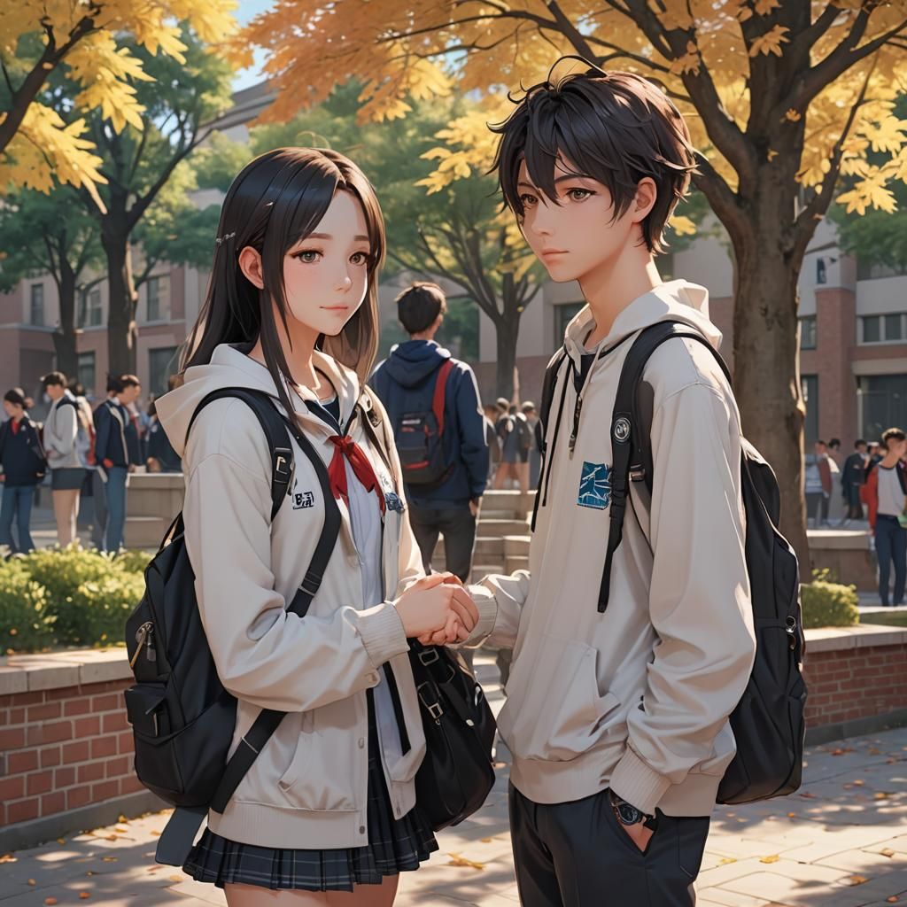 A beautiful teenager just met a boy in high school By artist "anime", 3d anime art, inspired by WLOP, Artstation, #gensh...