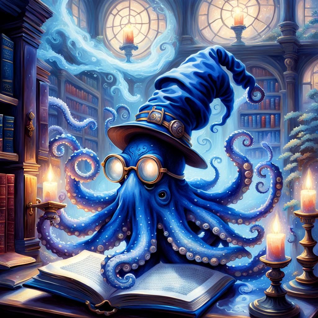 Blue Octopus Wizard Reading in Library
