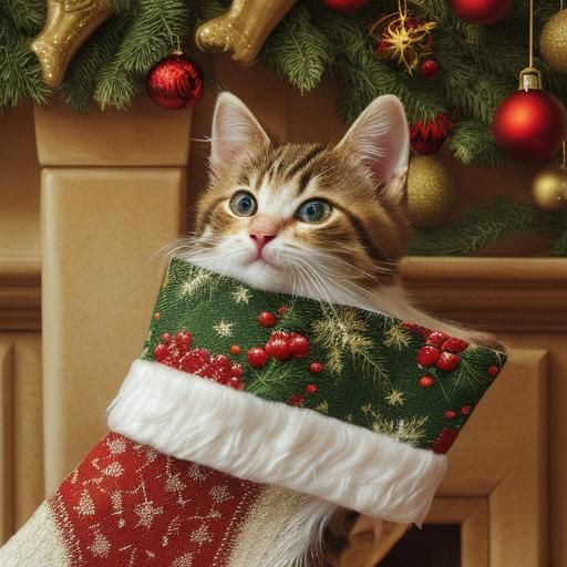 Kitten in Christmas Stocking, Oil Painting