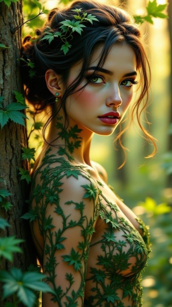 Surreal Woodland Goddess Blends with Tree in Harmony
