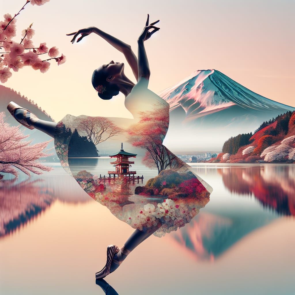 Ballerina's Double Exposure: Japanese Landscape Silhouette