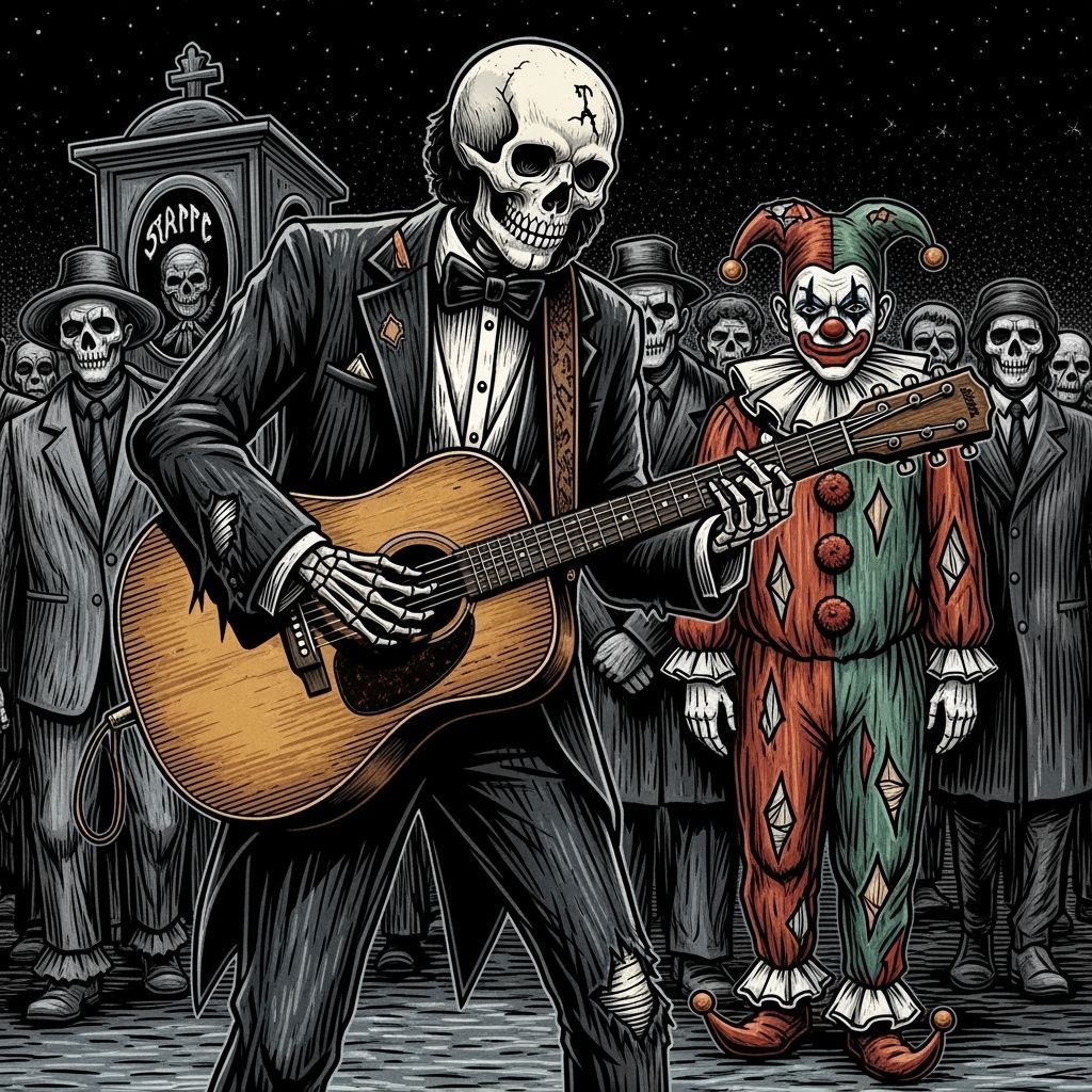 Skeletal Musician Plays Guitar at Clown's Funeral