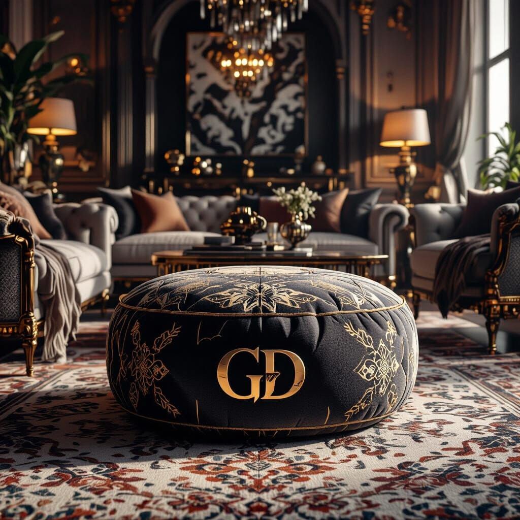 Elegant Pouf in Lavish Living Room, Digital Matte Painting