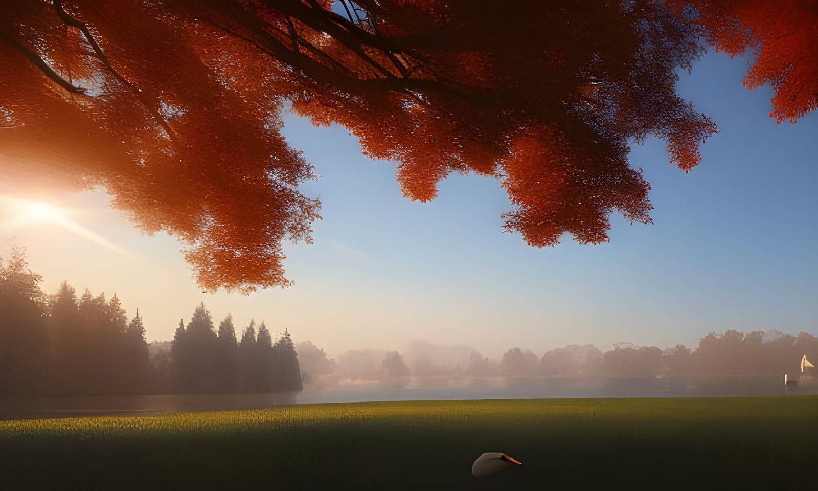 Serene Swan Landscape with Volumetric Lighting