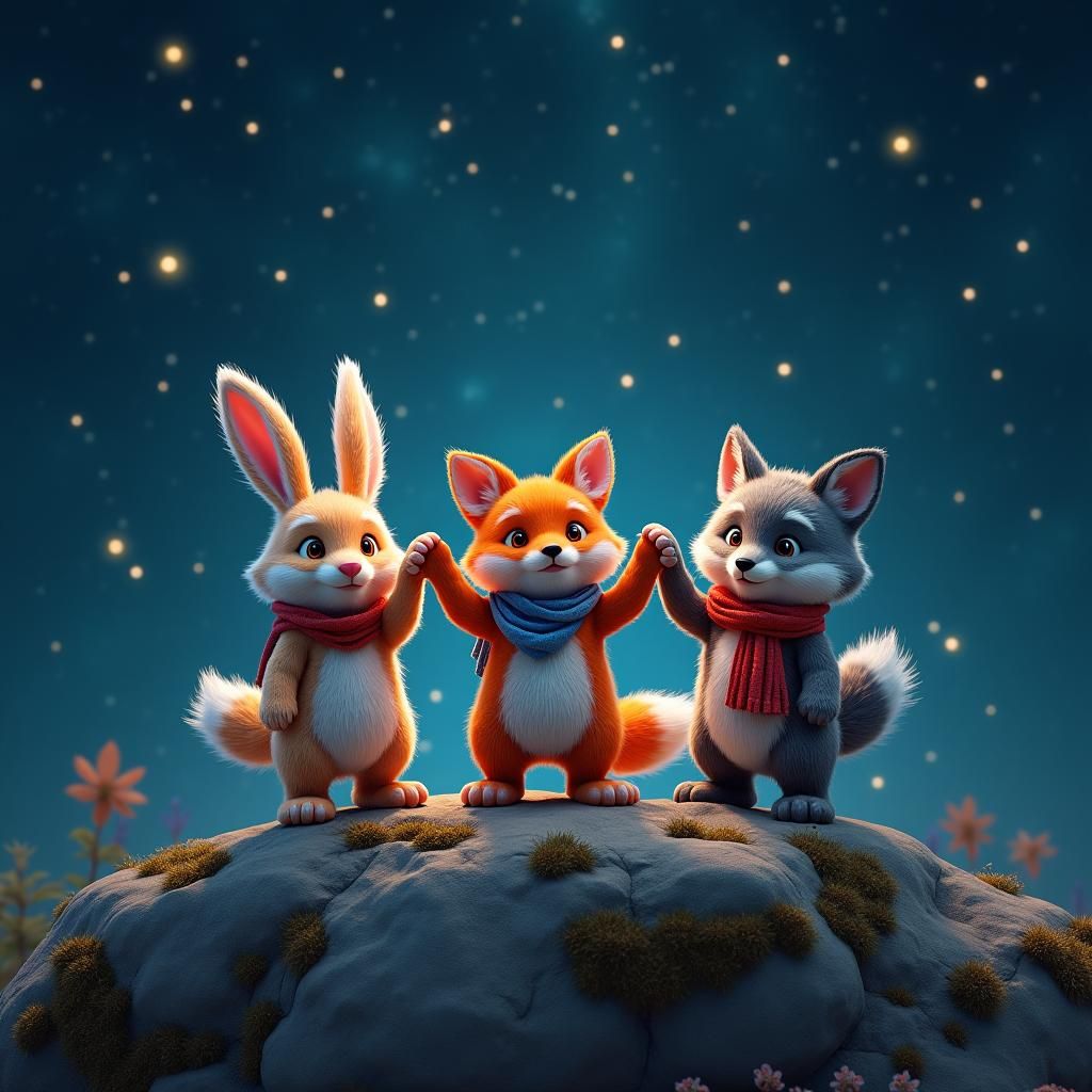 Whimsical Furry Friends United Under Starry Sky
