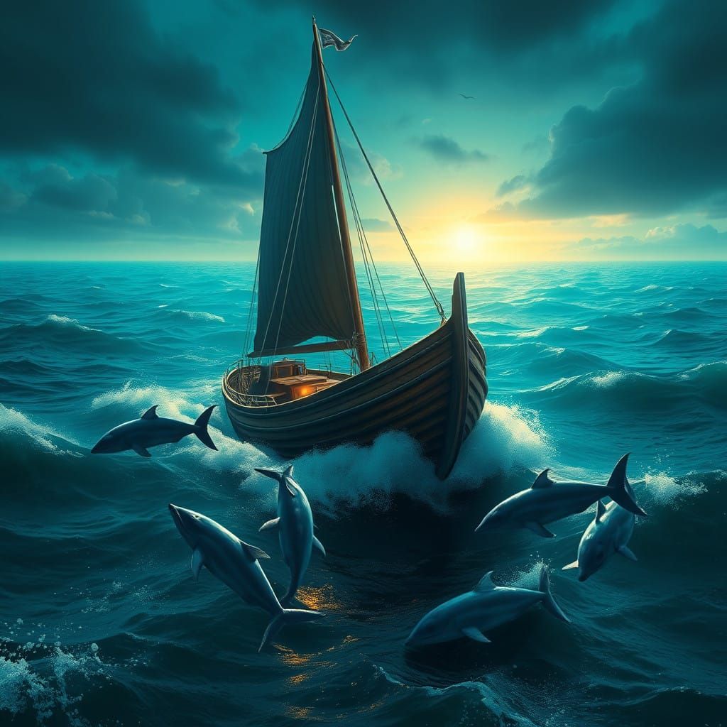 Majestic Fishing Boat Sails with Playful Dolphins in Dynamic...