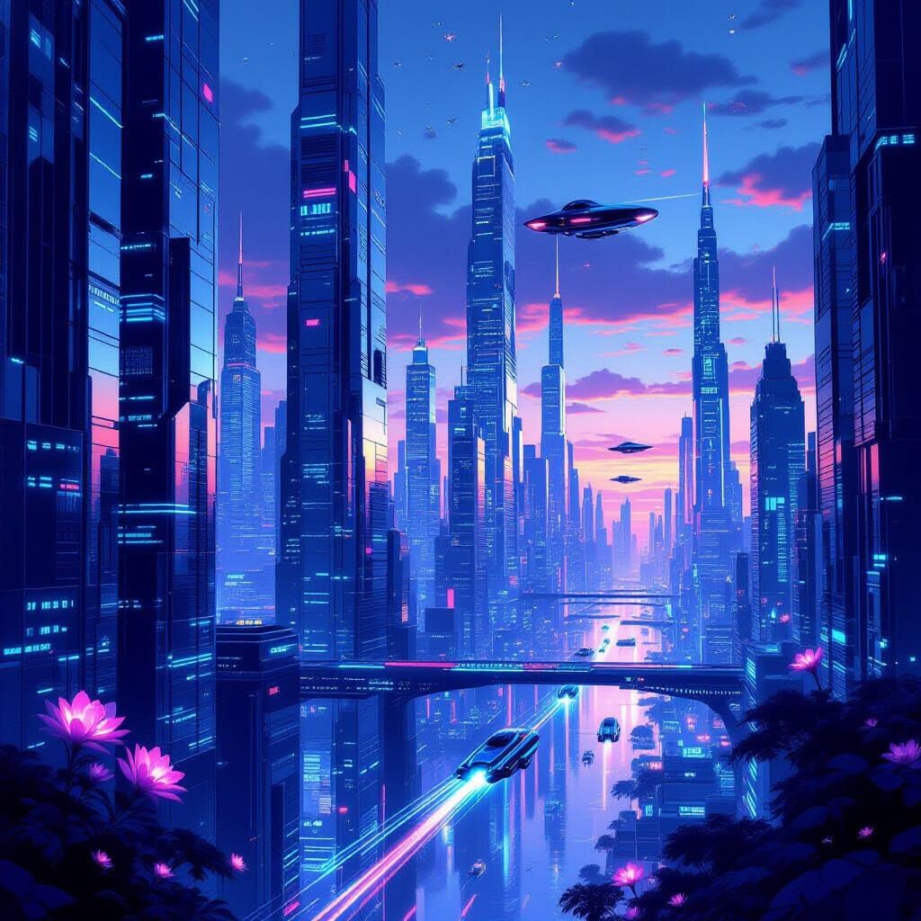 Futuristic Cityscape With Bioluminescent Flora
