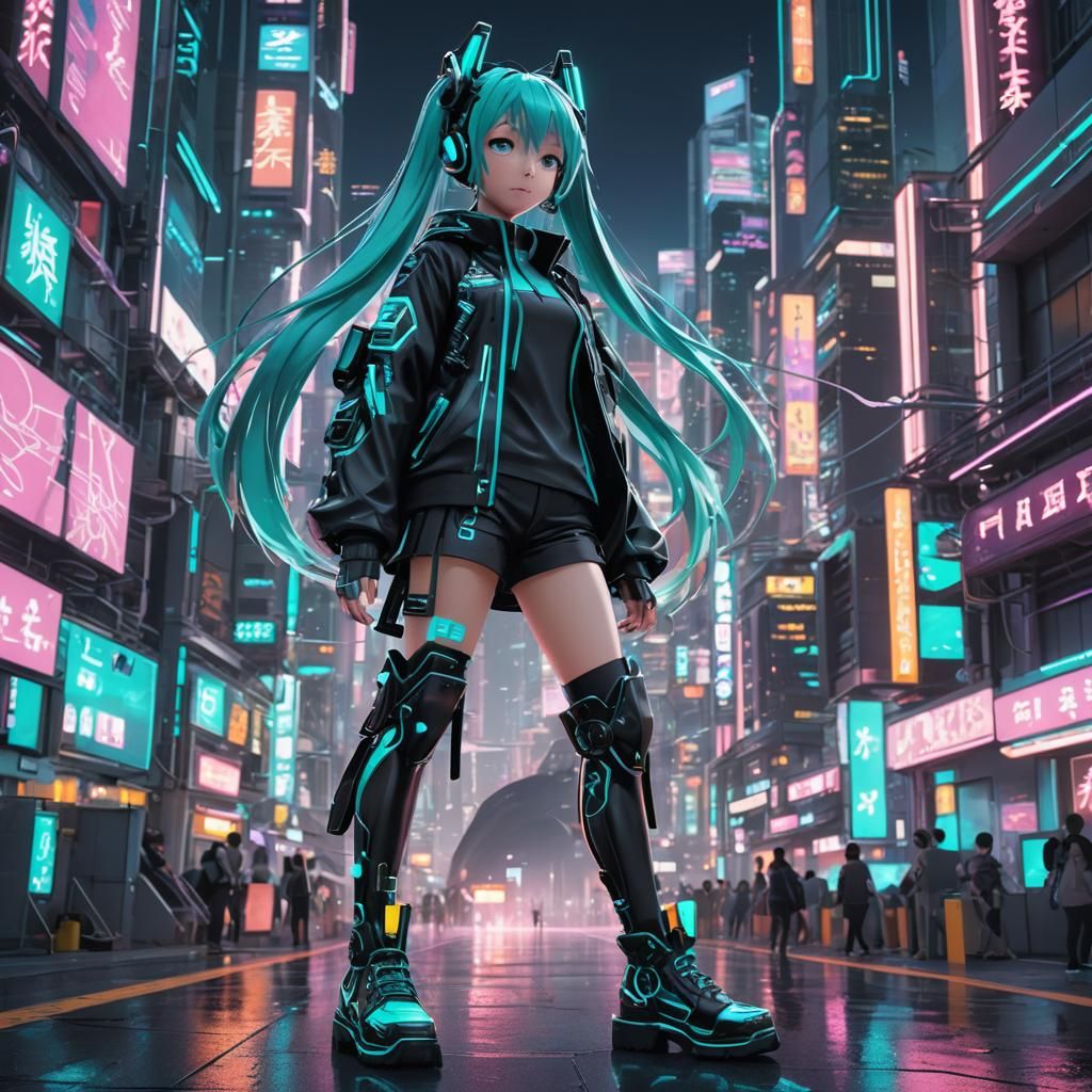 Hatsune Miku in a Neon Cityscape: 3D Anime Art