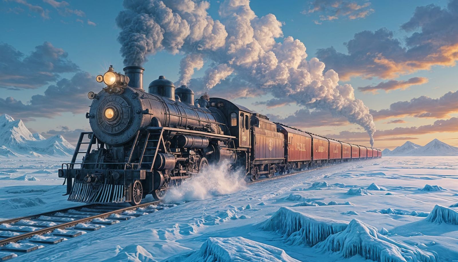 Polar Express Crossing Frozen Sea in Hyperrealism
