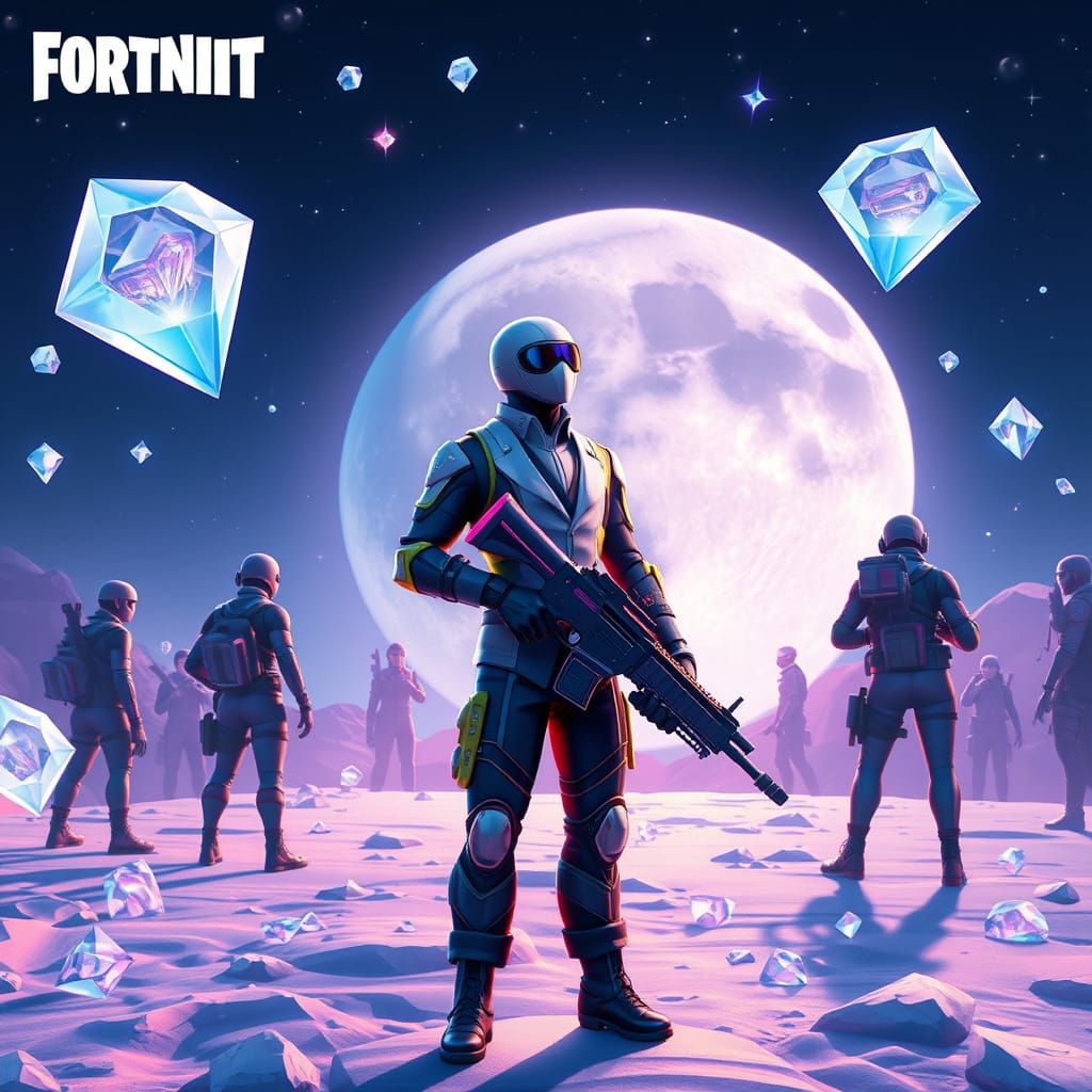 Fortnite Character on Moon with Diamonds in Futuristic Style