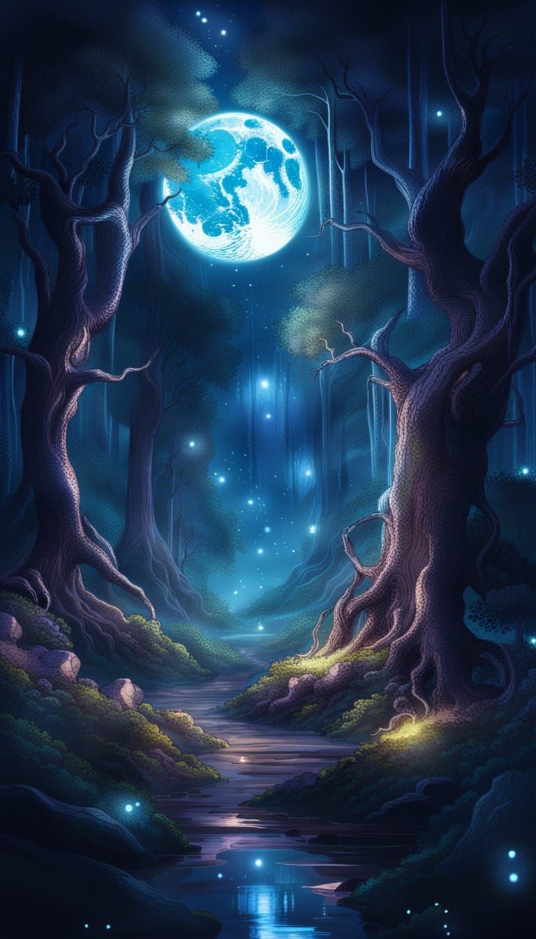 Magical Forest Nightscape in Aetherpunk Graffiti Art