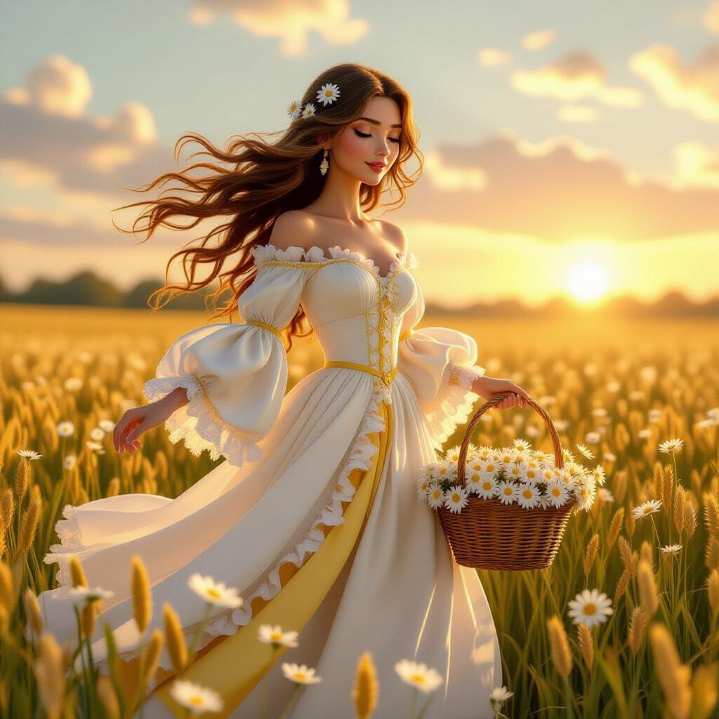 Golden-Haired Woman in Daisy Field, as 3D Digital Art
