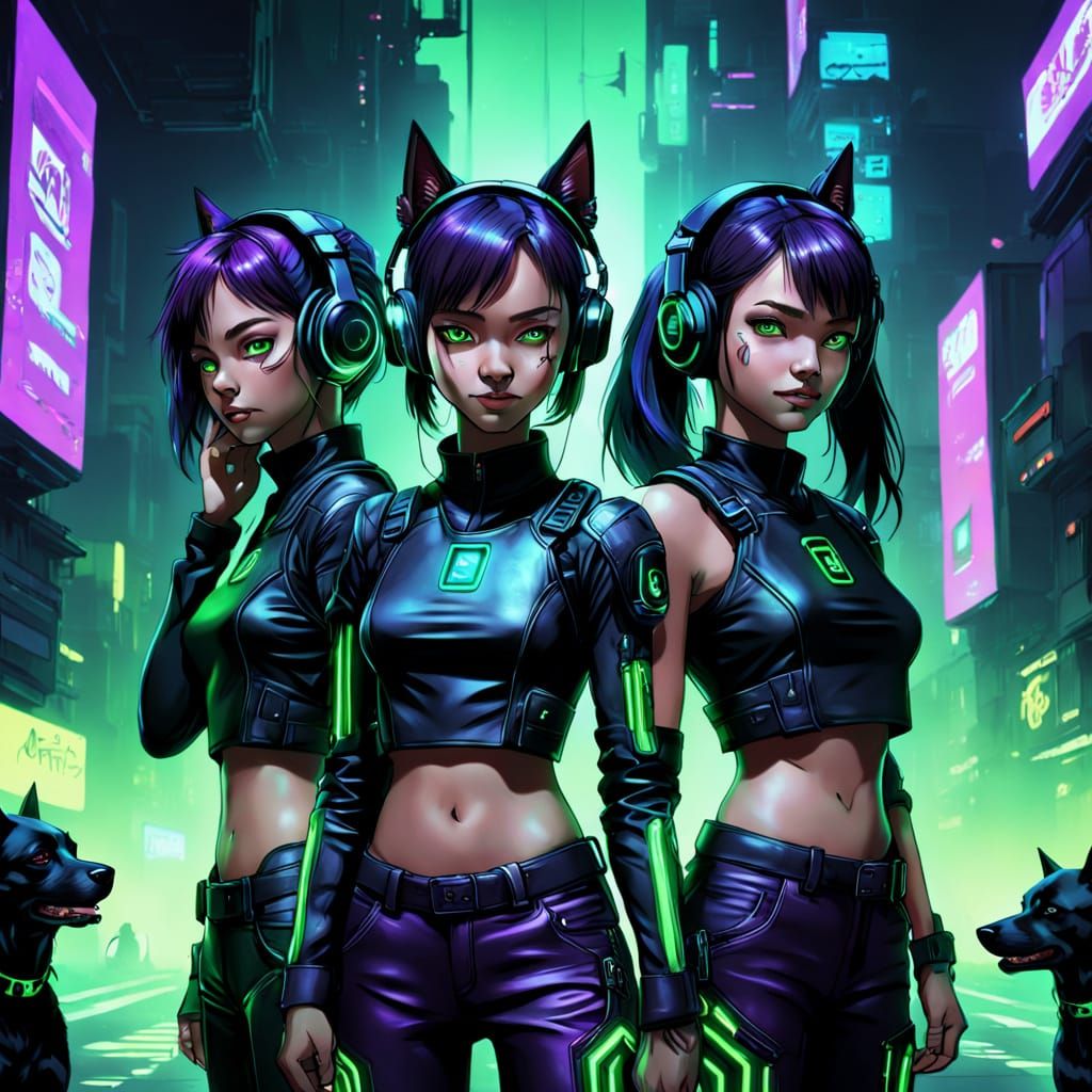 Cyberpunk Twins with Dog in Hyper-Realistic Digital Art