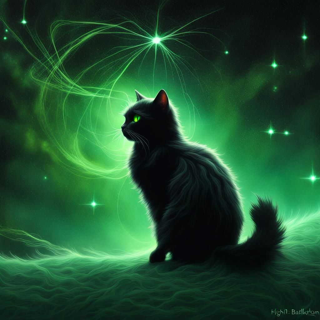 Fluffy Cat Under Starry Sky: Digital Art
