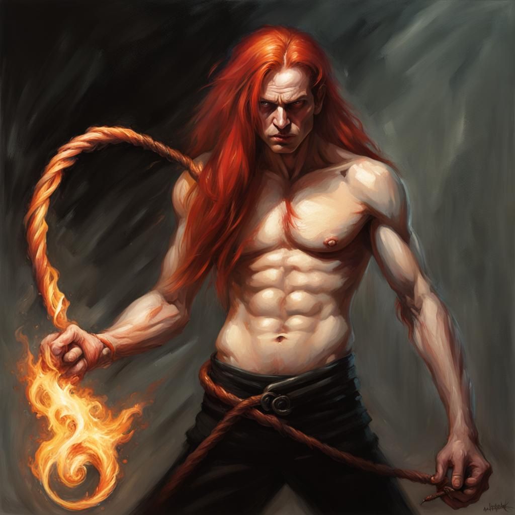 Sinister Pale Man with Fire Whip in Dark Fantasy Style