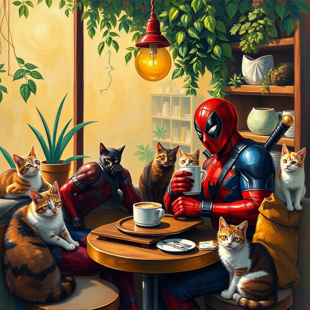 Superhero Cats Cafe Scene in Vibrant Impasto Style