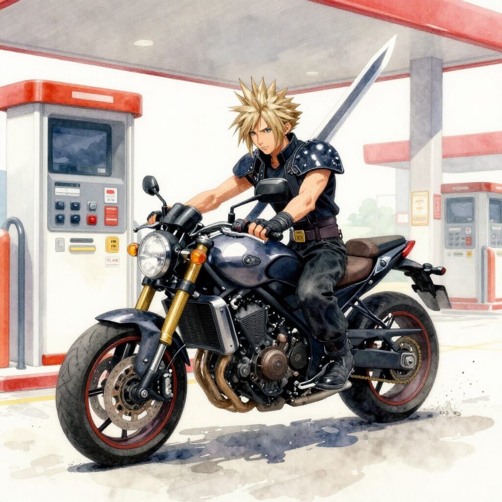 Cloud Strife with Sword and Motorcycle in Watercolour