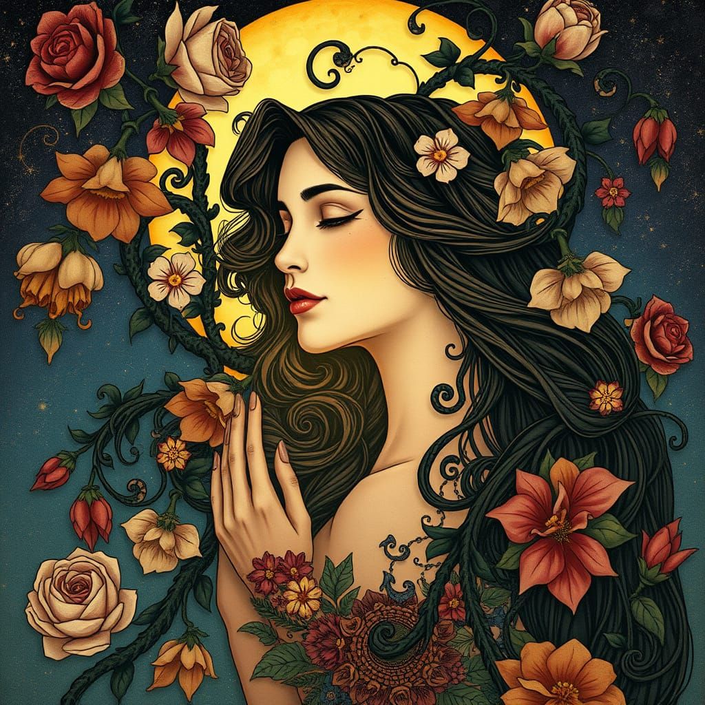 Romantic Art Nouveau Goddess in Opulent Art Deco Splendor