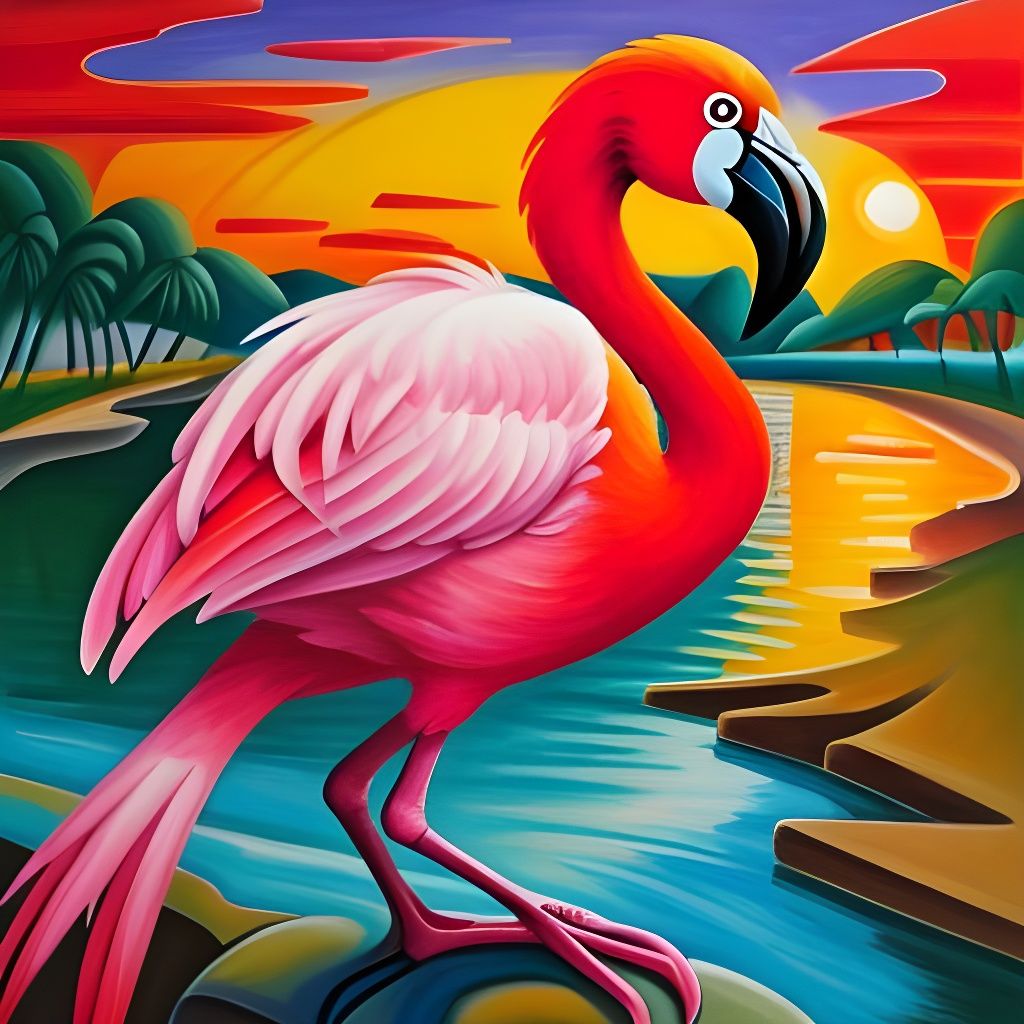 Cubist Expressionist Flamingo at Sunset