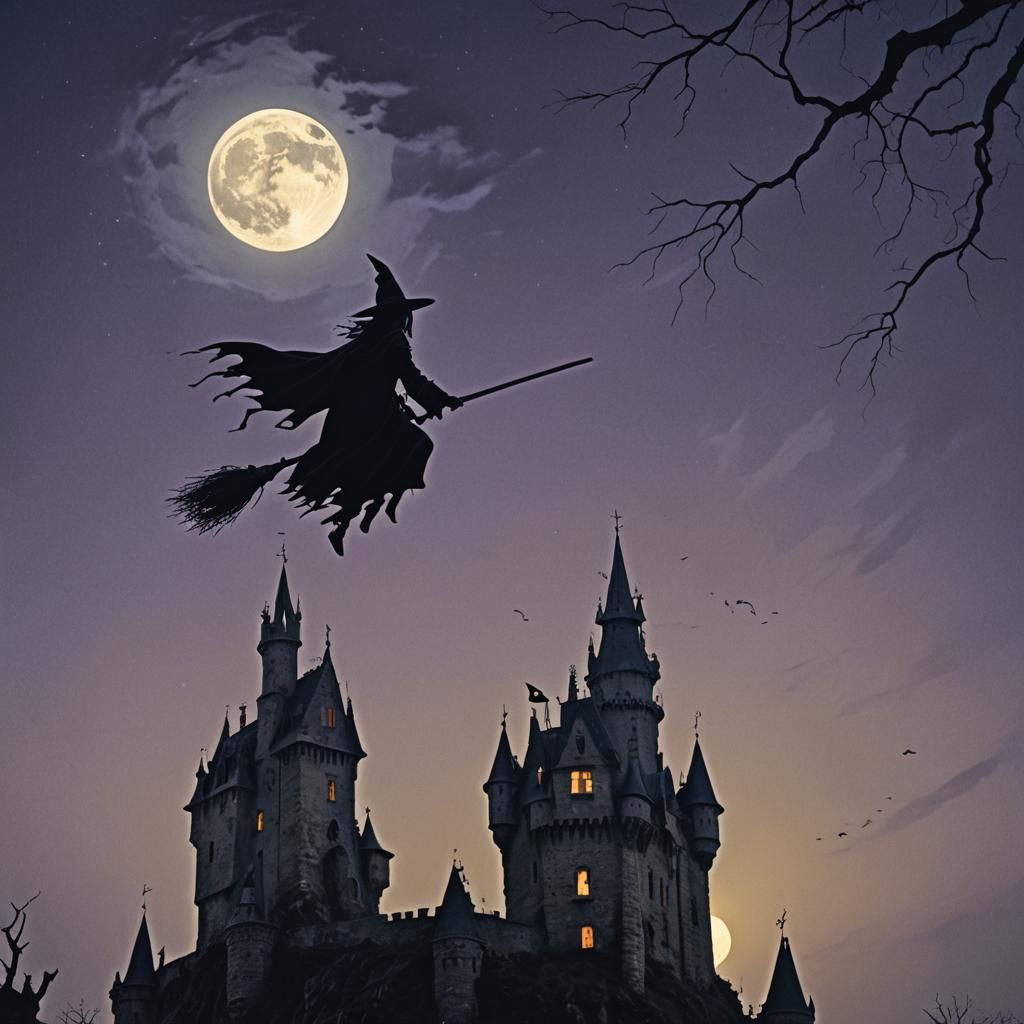 Witch Rides Broomstick Near Castle in Dark Fantasy Style