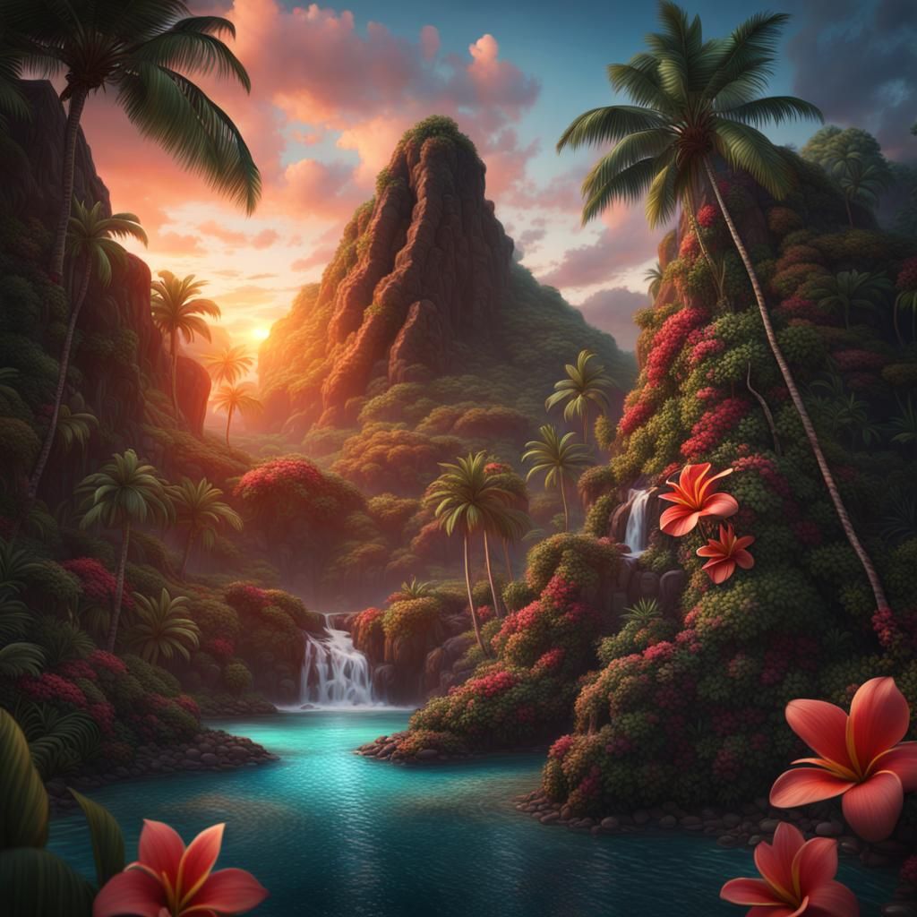Tropical Island Sunset in Redshift Style