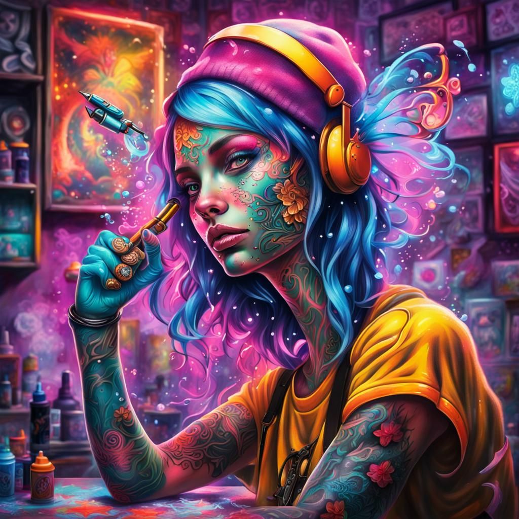 Fairy Tattoo Artist in Neon Graffiti Style
