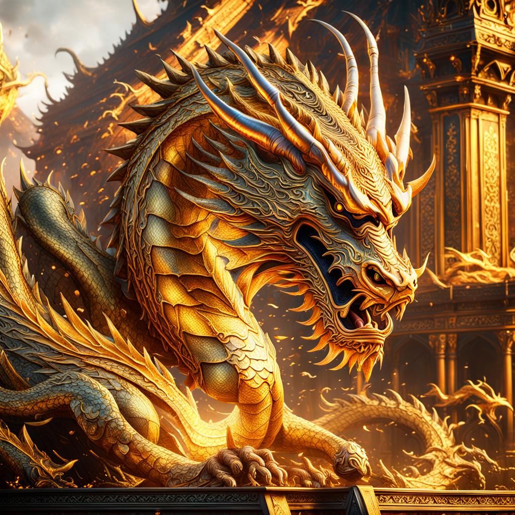 Golden Dragon Fantasy Concept Art in 8K