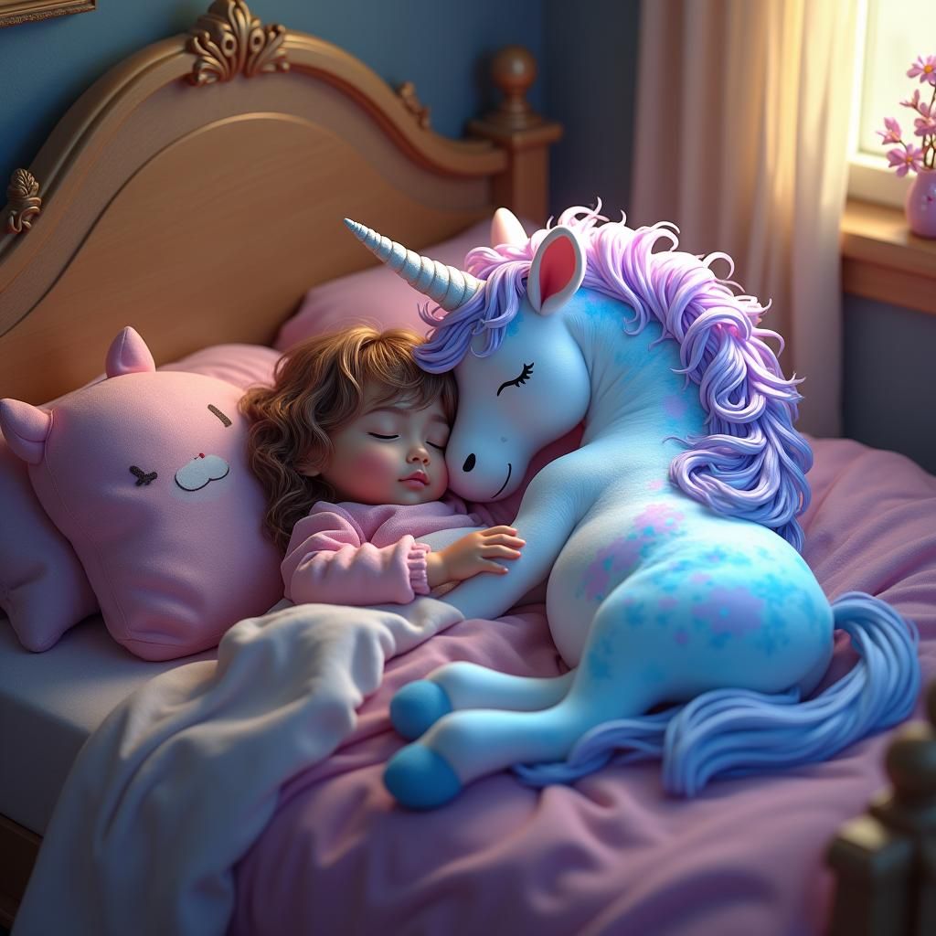 Girl and Unicorn in Bed: Fantasy Concept Art