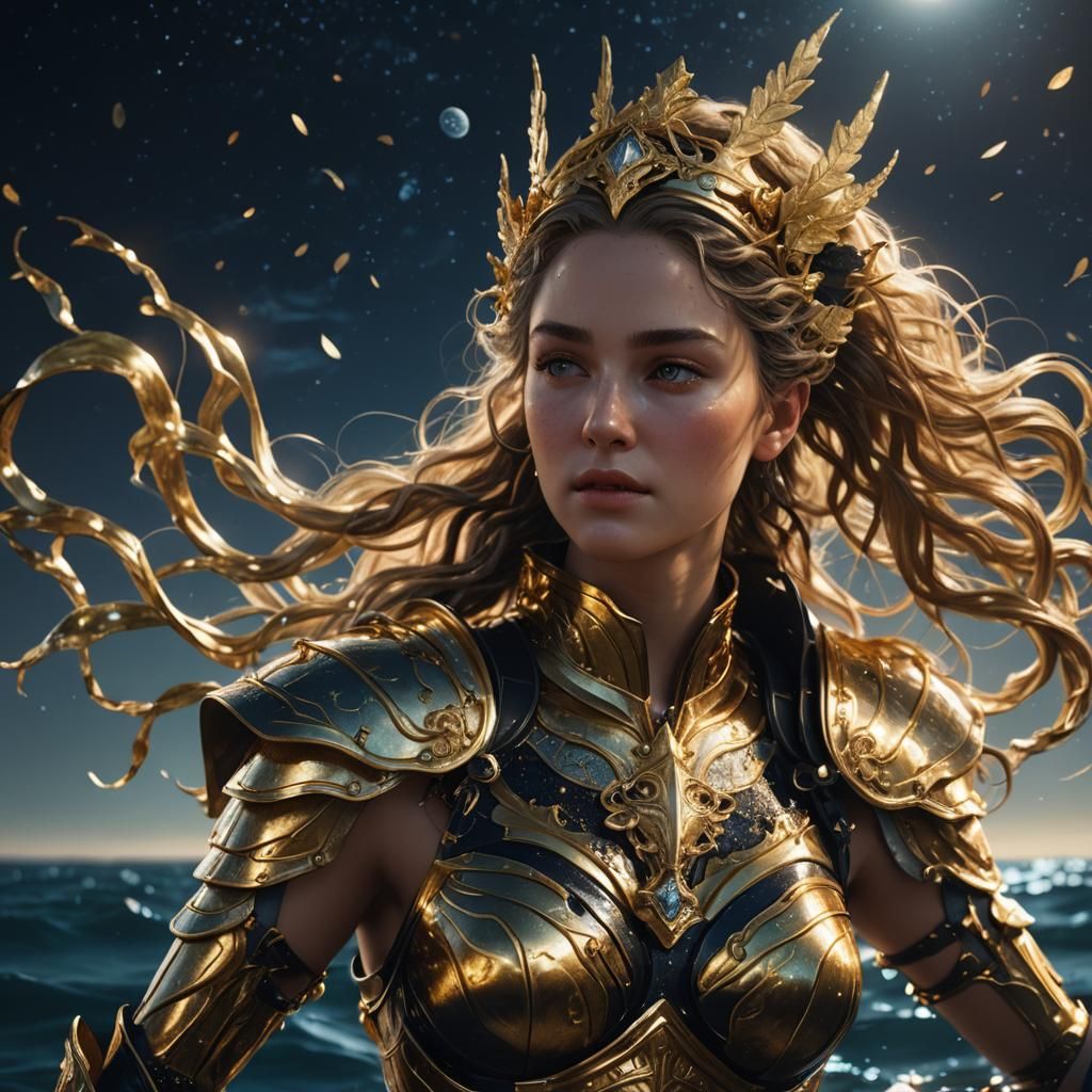 Aphrodite Rising: Olympian Goddess in Golden Armor