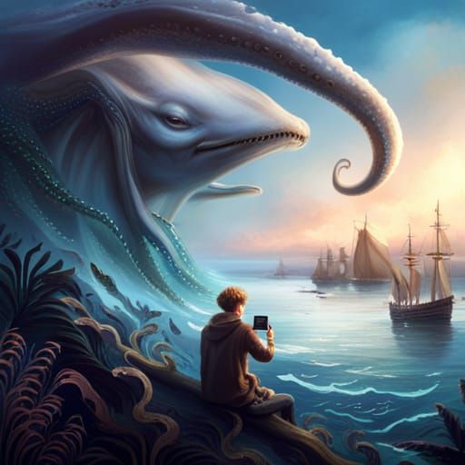 Boy's Selfie with Kraken: Epic Digital Art