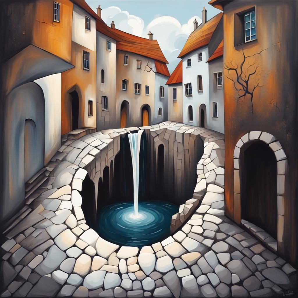 Medieval Village Street with Waterfall Hole