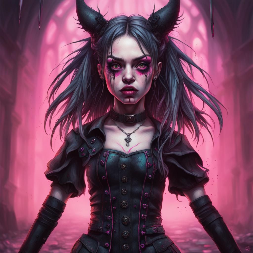 Hyperrealistic Pink-Eyed Gothic Girl Portrait
