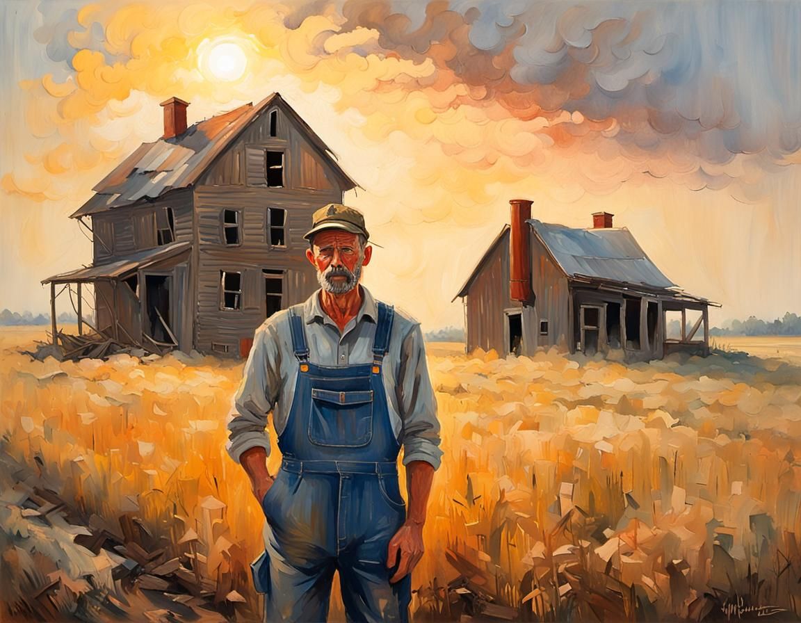 Farmer at Abandoned Farmhouse in Impasto Gouache