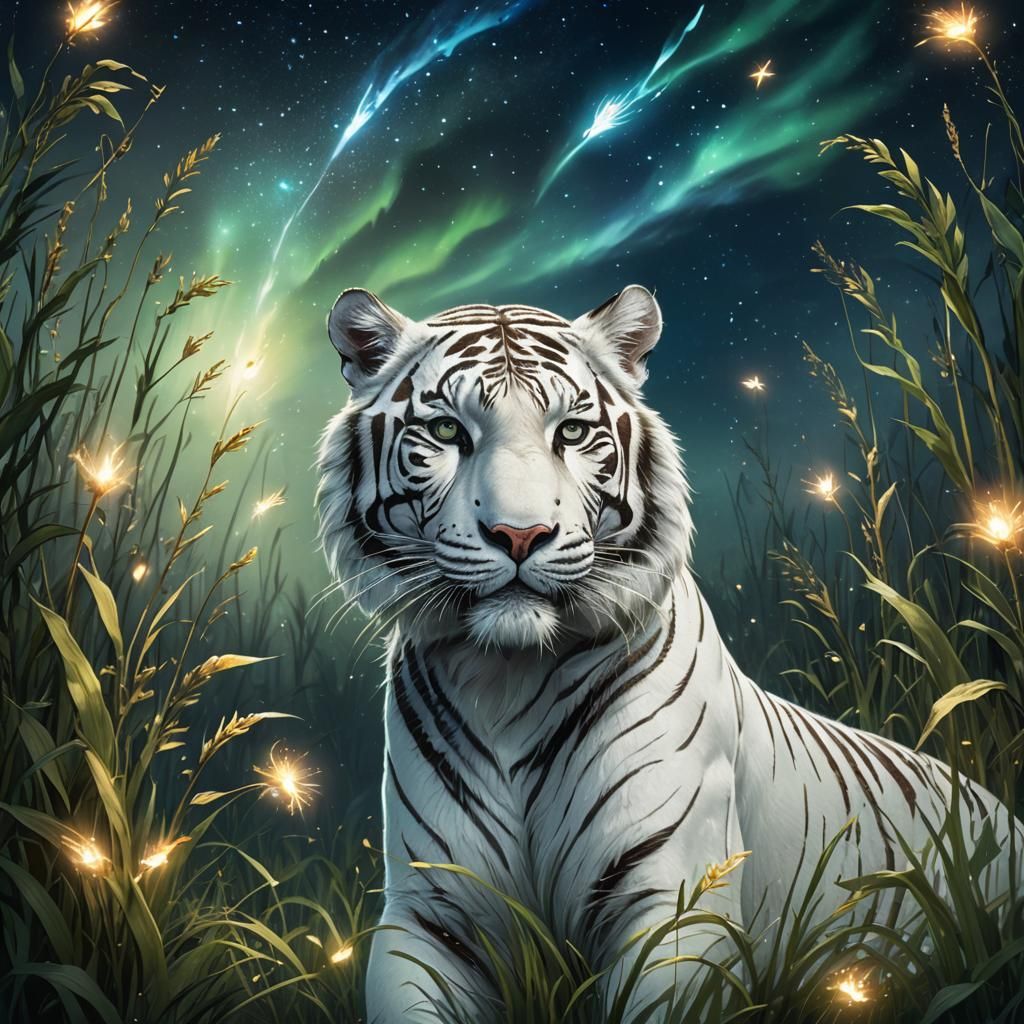 White Tiger Gazing at Northern Lights: Concept Art
