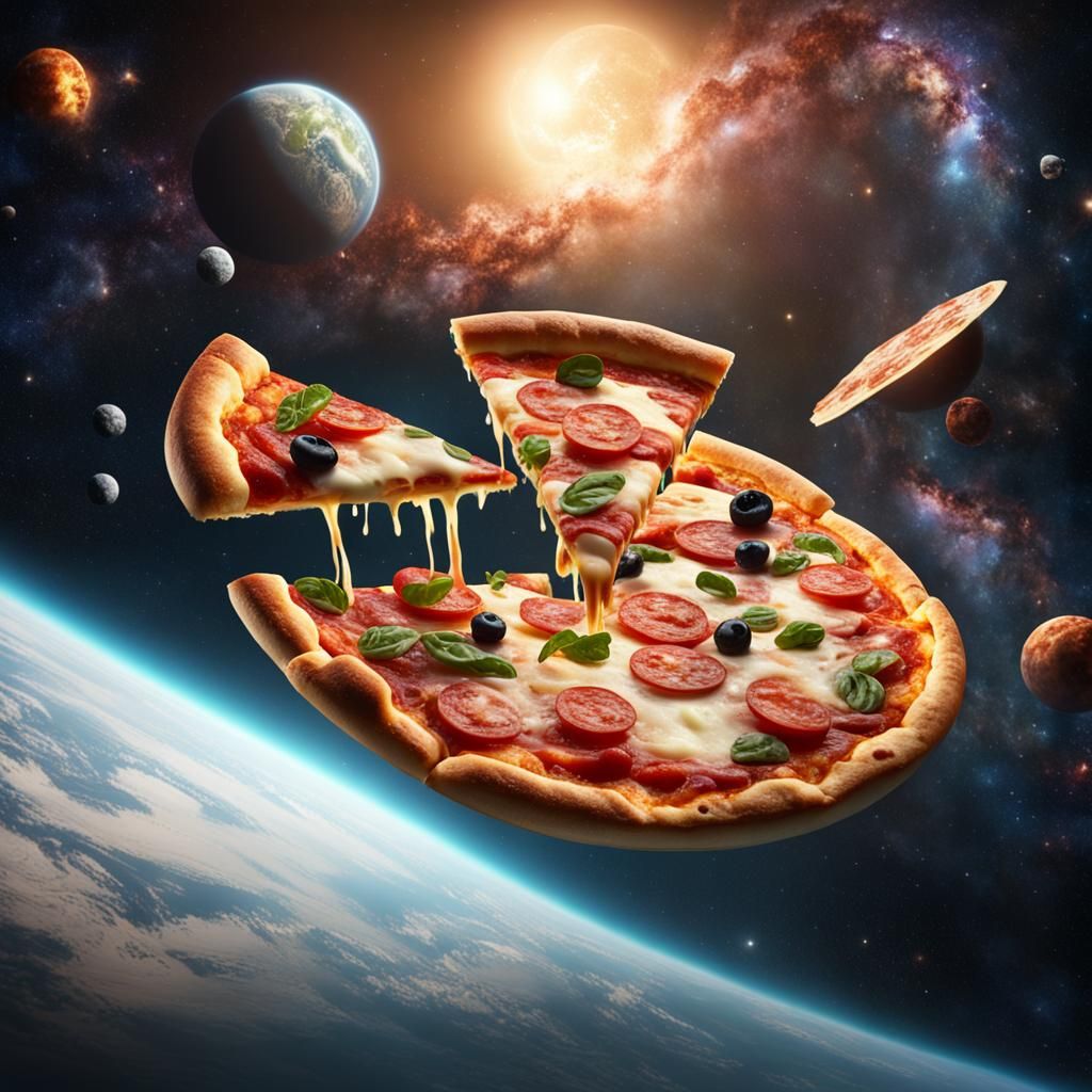 Pizza Slice Floating in Outer Space: Digital Matte Painting