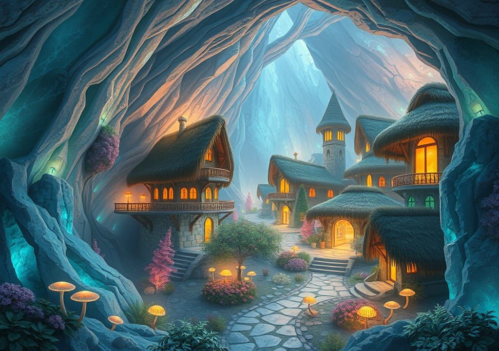 Iridescent Village Aglow in Crystalline Cavern