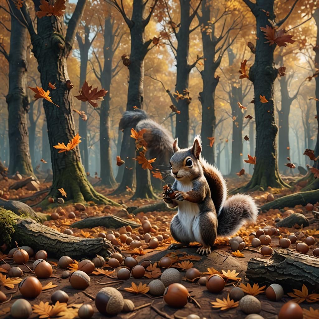 Squirrel Gathering Acorns: Detailed Matte Painting