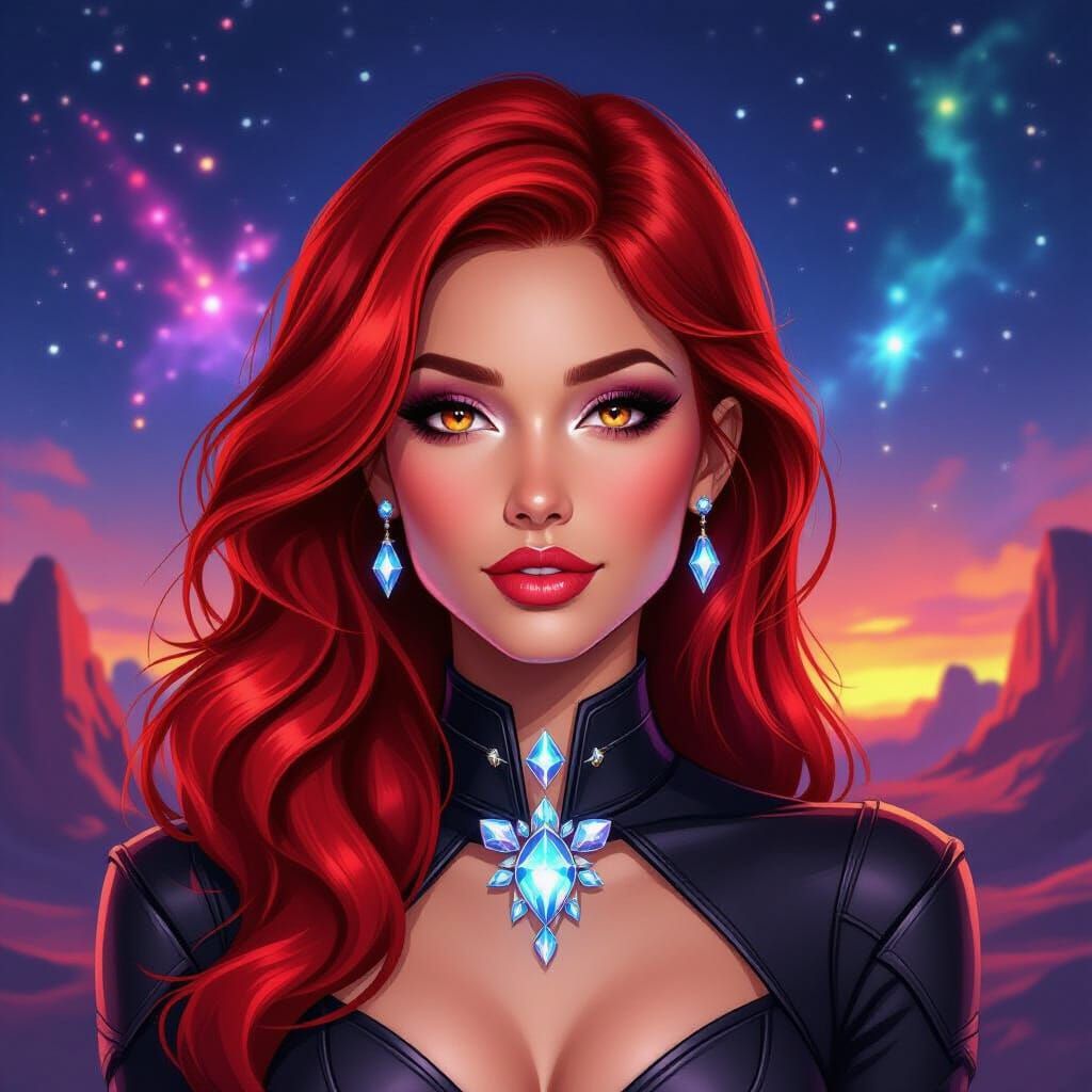 Martian Woman with Glowing Ruby Hair Amidst Galactic Views