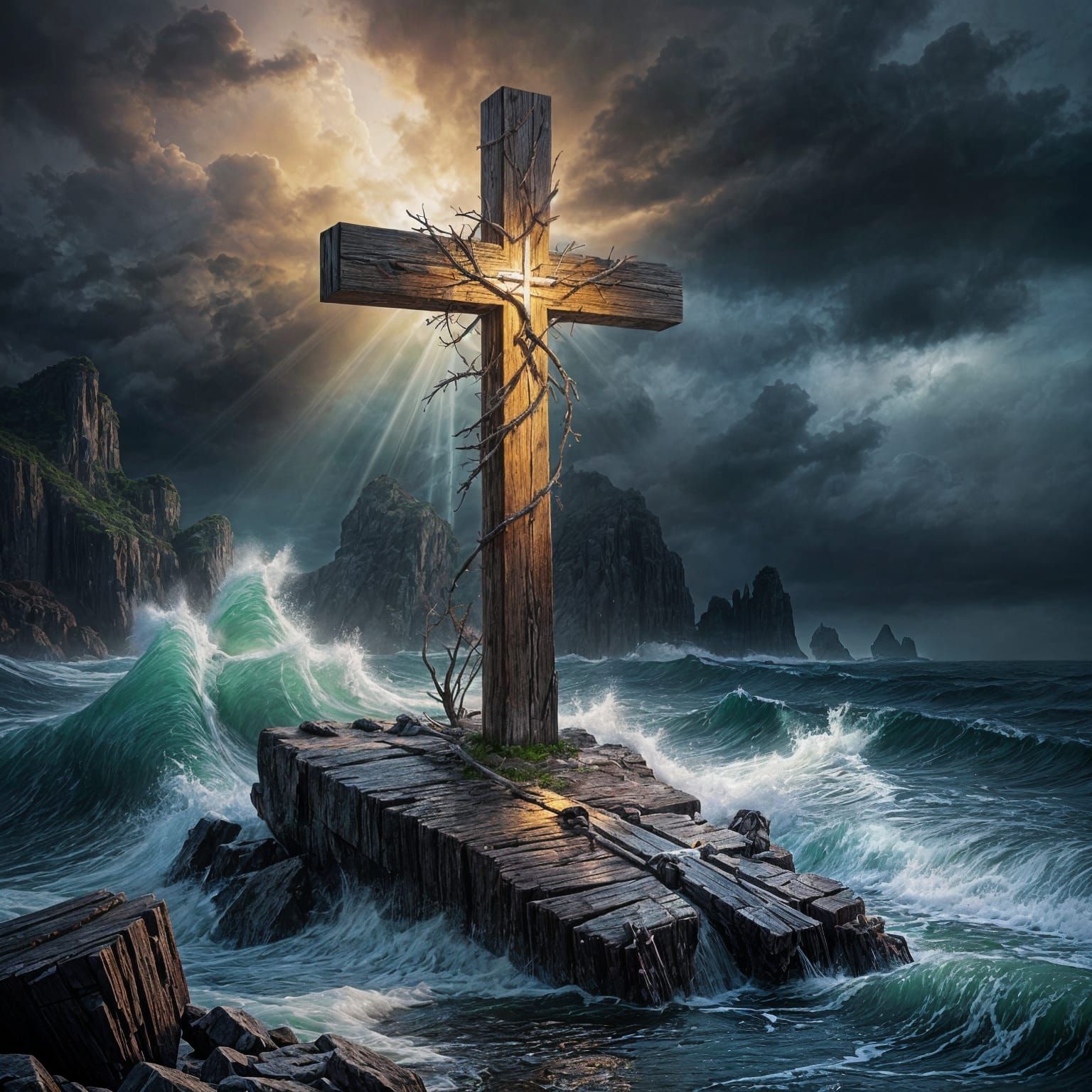 Wooden Cross in Stormy Sea Alcohol Ink Painting