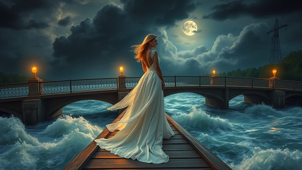 Serene Woman on Stormy Bridge