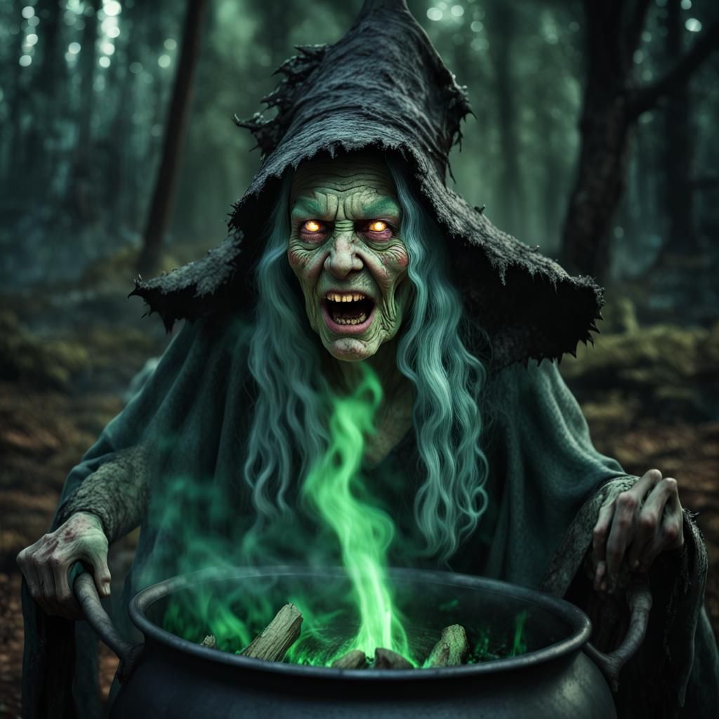 Green Hag Screams in Haunted Forest, Photorealistic HDR