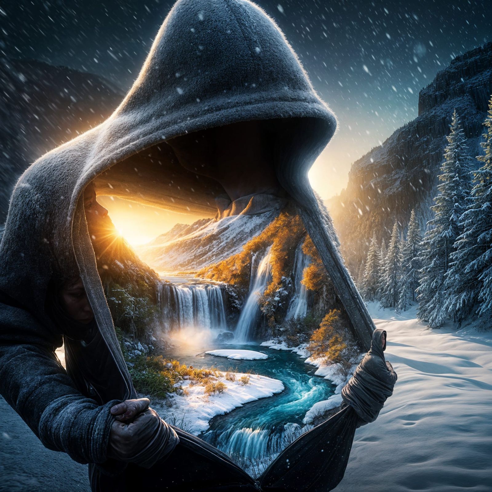 Hooded Figure Reveals Sunny Mountain Landscape