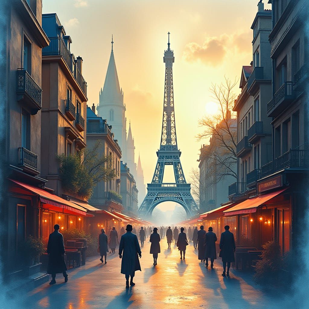 Dreamlike Paris Watercolour Cityscape in Syd Mead Style