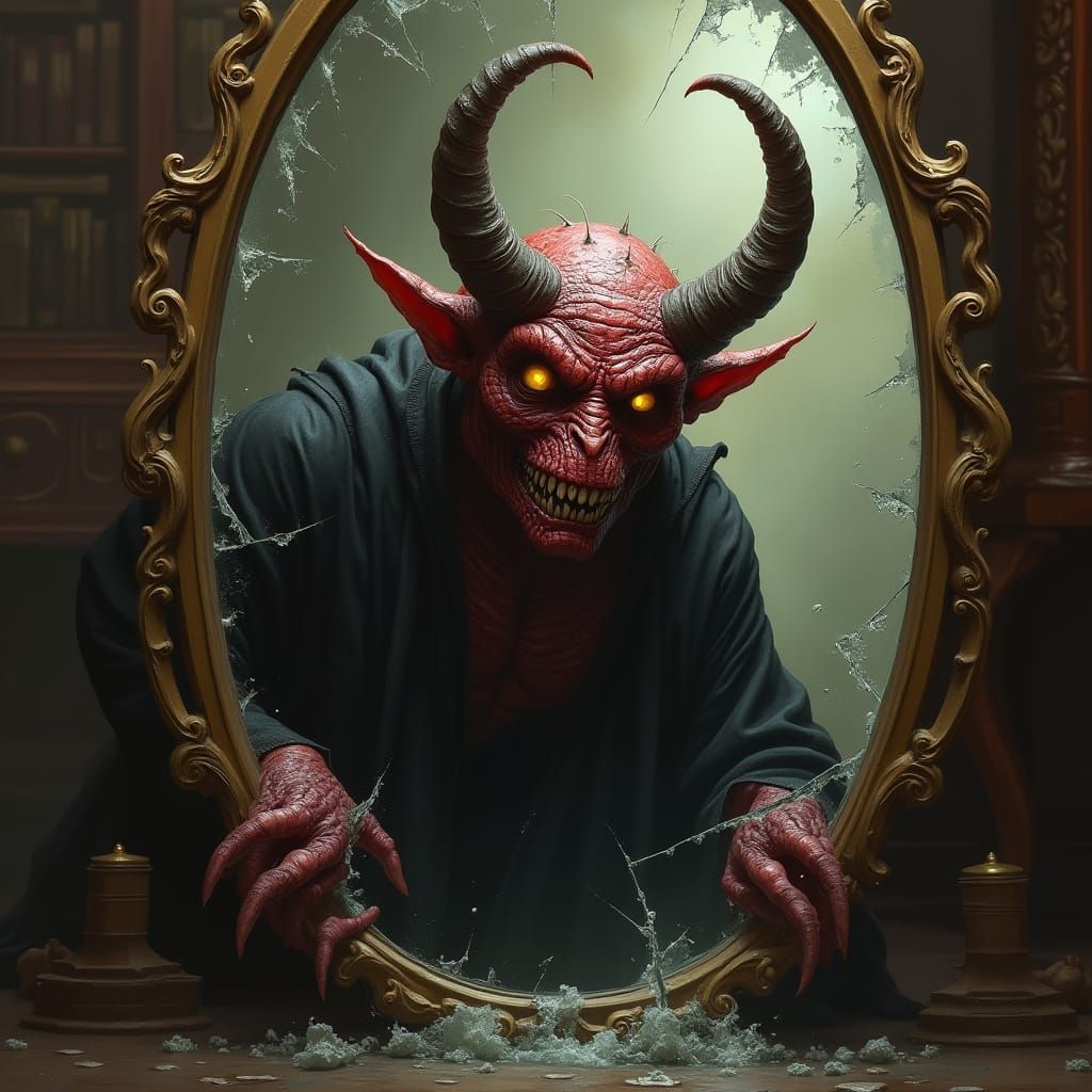 Grotesque Demon Emerges from Shattered Mirror in Dark, Surre...