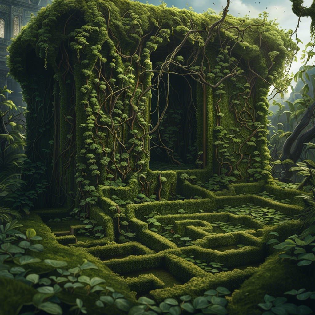 Overgrown maze covered with vines and moss in a floating island, hyperdetailed photoillustration photorealism van Gogh C...