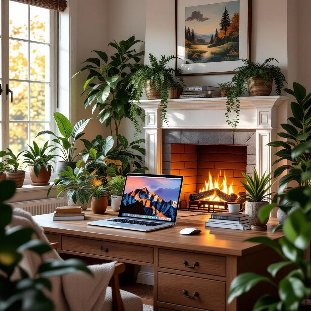 Cozy Home Office with Fireplace and Lush Plants