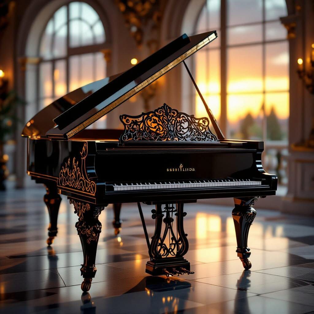 Baroque Grand Piano in Dramatic Golden Hour Light