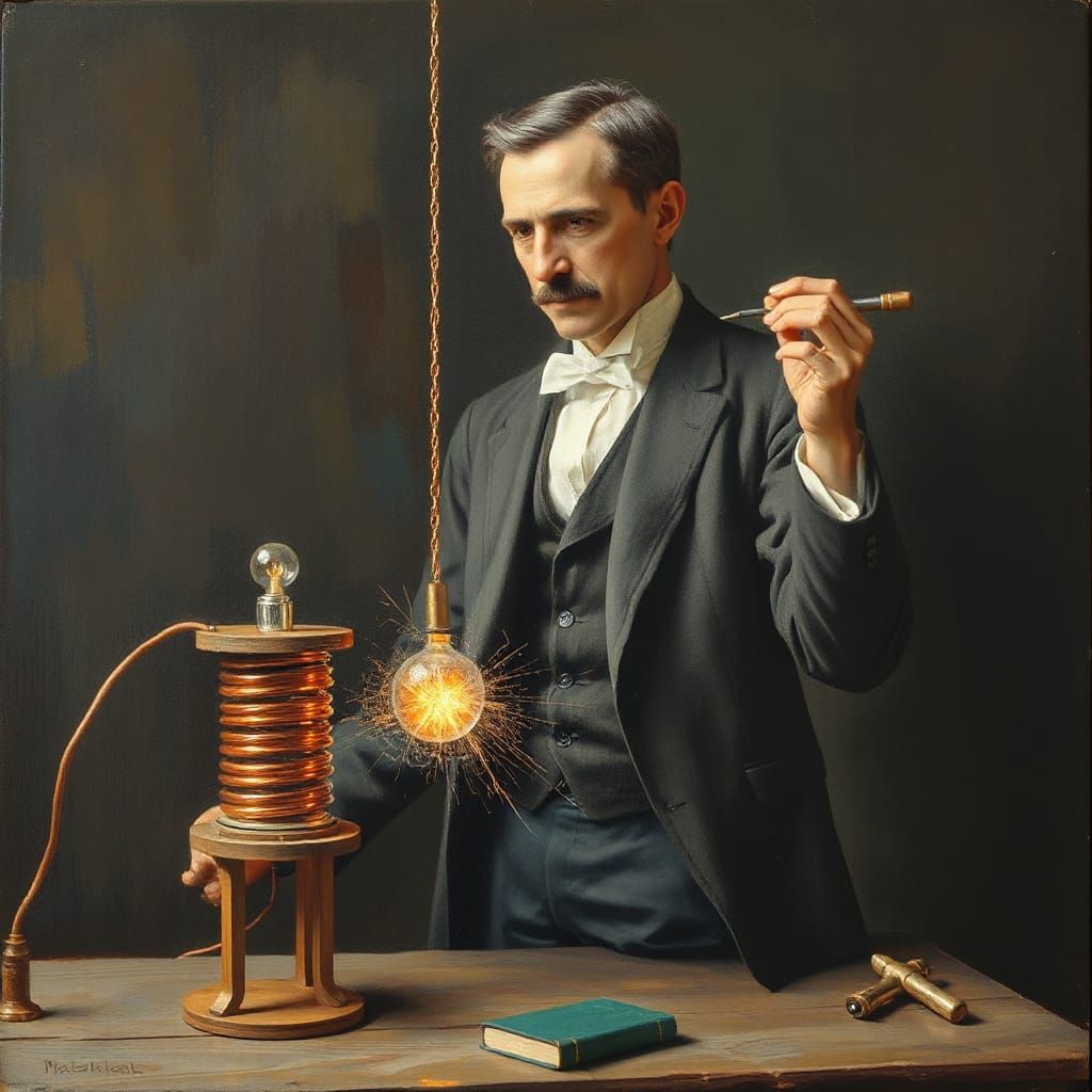 Nikola Tesla Inventing Tesla Coil in Oil on Canvas