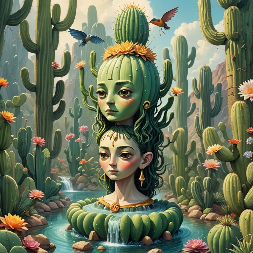Surreal Fountain with Talking Cactus in Mas-Surrealism