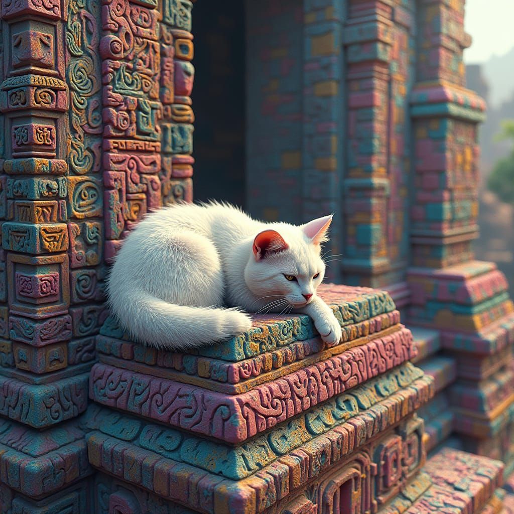 Cat on Mayan Temple with Fractal Details